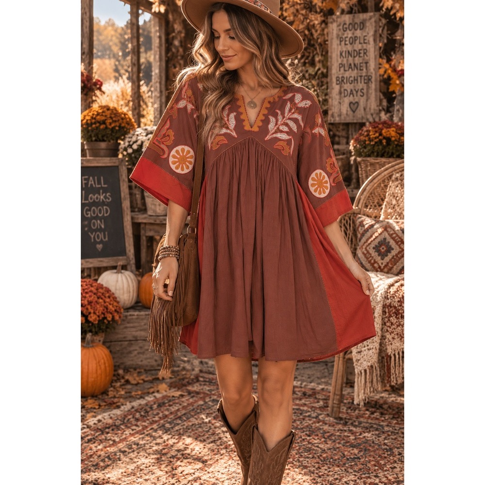 NWT Easel Floral Embroidered Boho Babydoll Mini Dress Mocha Brown M